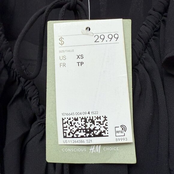 H&M Ruffle Blouse Black XS Oversized Chiffon Peasant Poet Flowy Top NWT - Picture 5 of 9